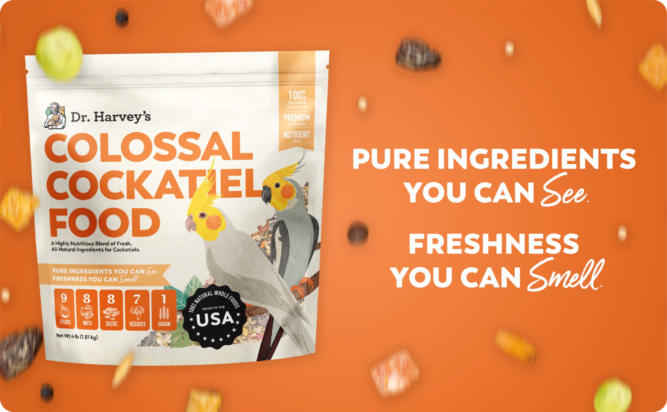 Dr. Harvey's Colossal Cockatiel Food packaging on an orange background with text about pure ingredients and freshness.