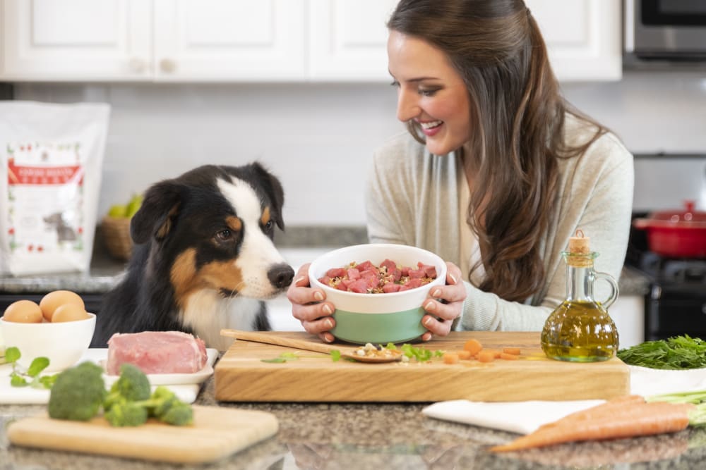 Woman preparing dog food in a kitchen with a dog watching
