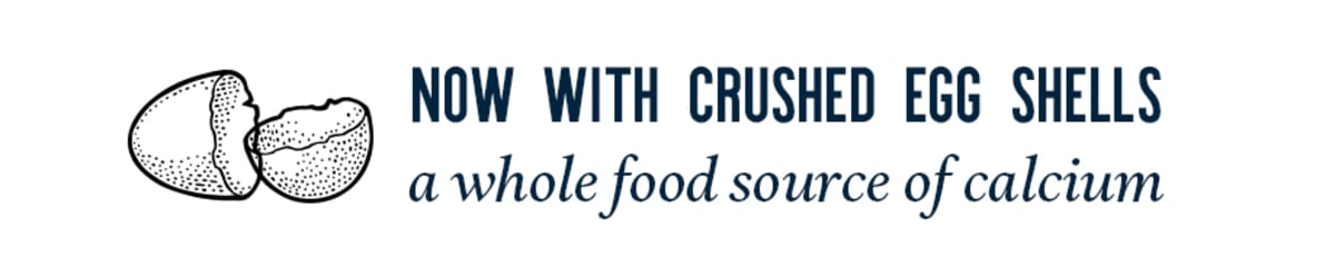 Text indicating the addition of crushed egg shells as a calcium source, with a graphic of an egg shell.