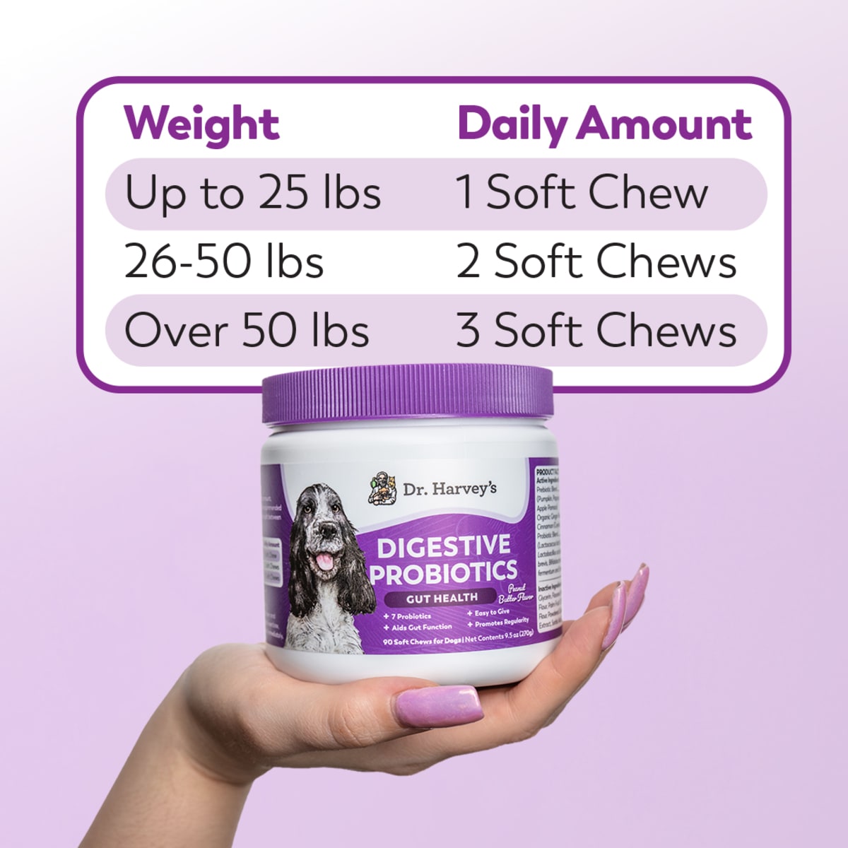 Dr. Harvey's Digestive Probiotics for dogs with weight chart on a purple background