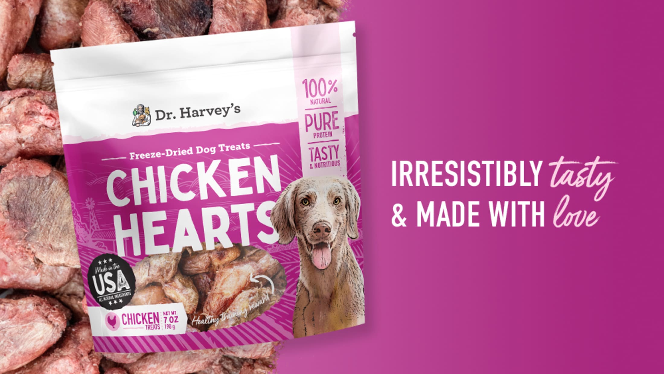 Dr. Harvey's Chicken Hearts dog treats packaging with a purple background