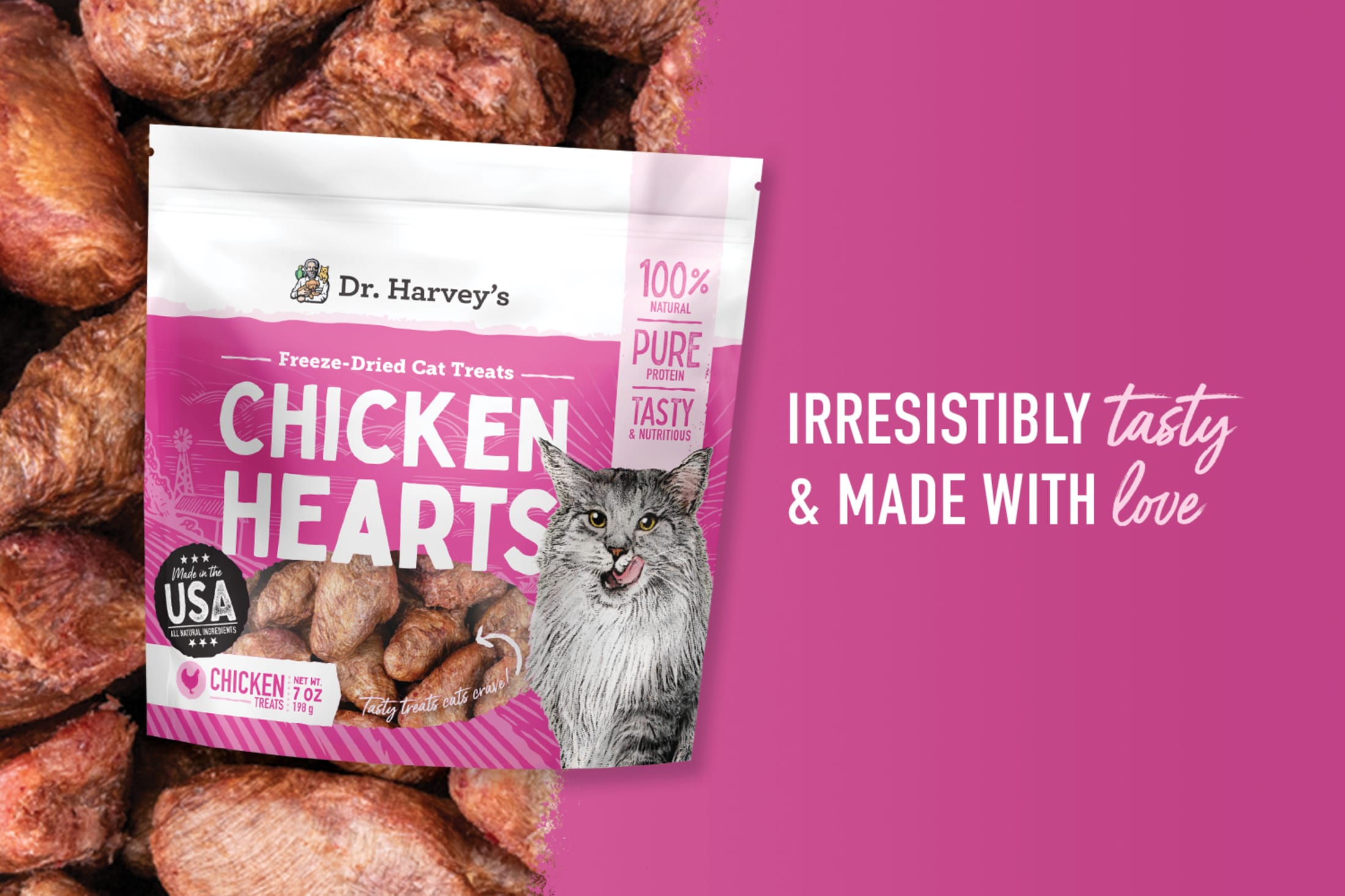 Dr. Harvey's Chicken Hearts cat treat package with raw chicken hearts on a pink background