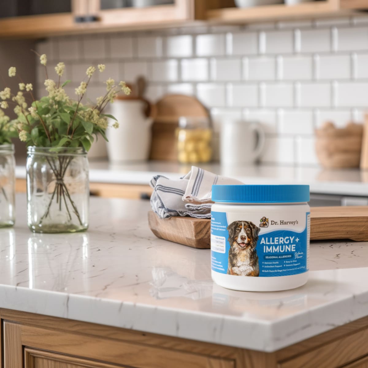 Jar of Dr. Harvey's Allergy + Immune supplement on a kitchen counter.
