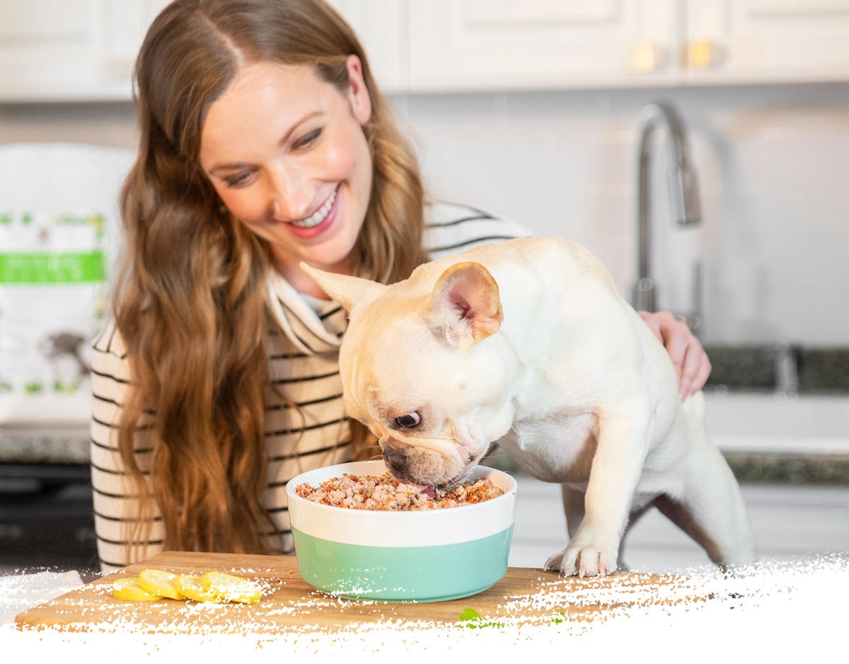 Woman feeding a small dog from a bowl in a kitchen