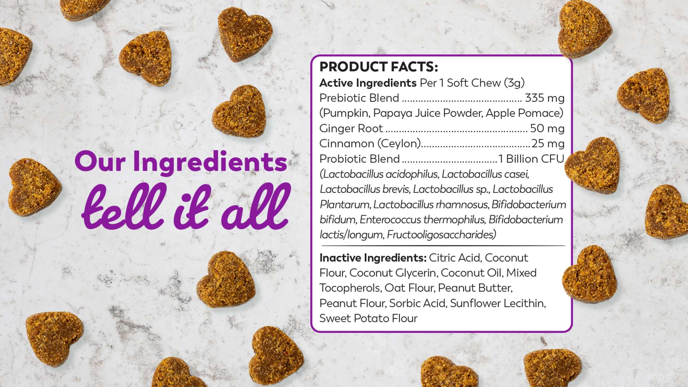 Product ingredients list with heart-shaped soft chews on a light background