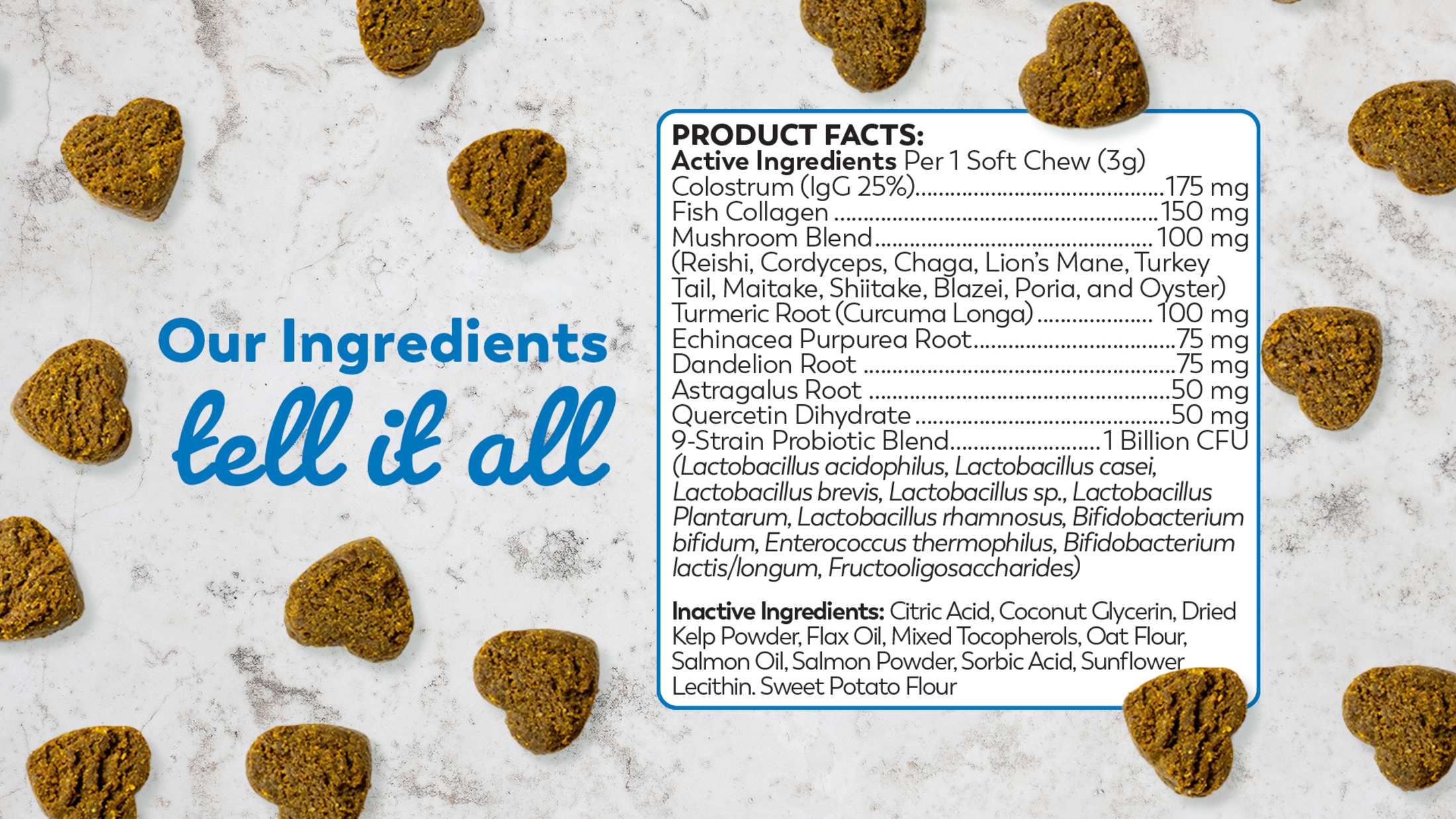 Dog treat packaging with ingredient list and heart-shaped treats on a light background